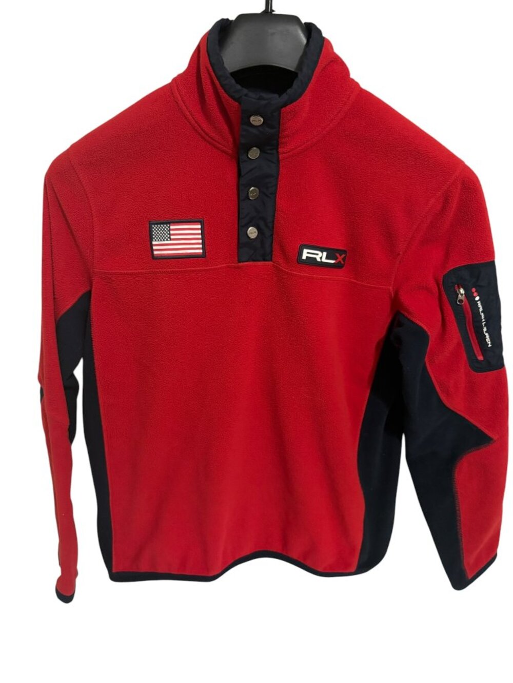 Ralph Lauren RLX Fleece 1/4 Snap Pullover Sweater Size Medium Red Logos